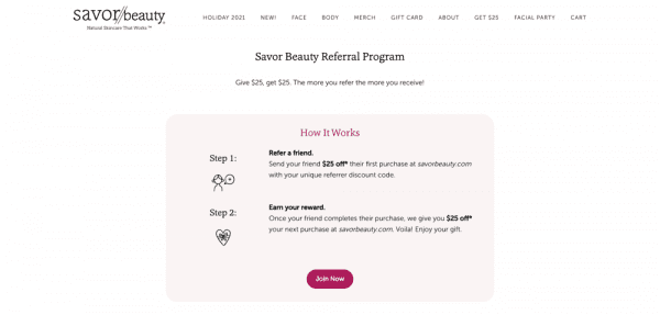 Savor Beauty webpage explaining how referrals work