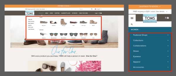 TOMS Desktop vs Smartphone Menu Dropdown. Note how the mobile site uses text instead of images in the menu.
