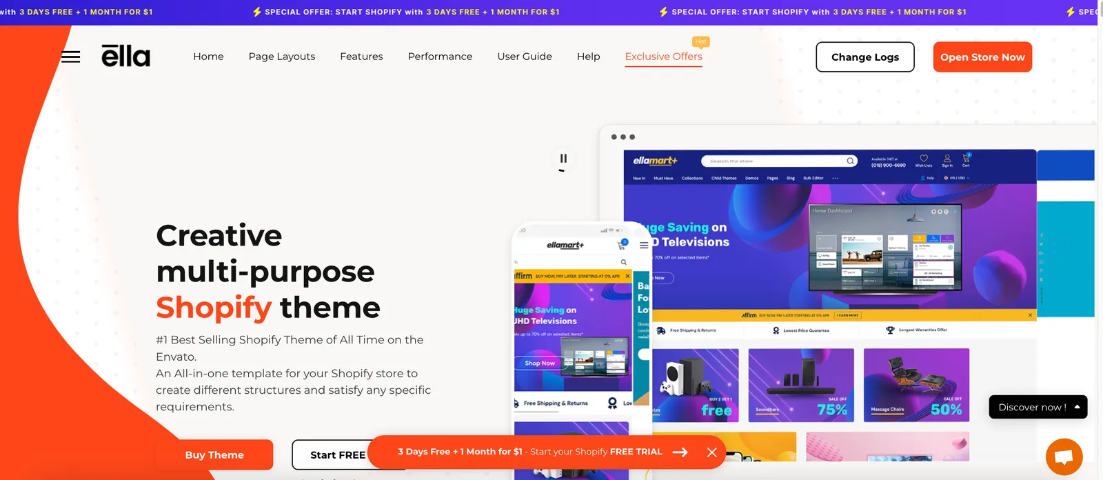 Ella Shopify theme landing page