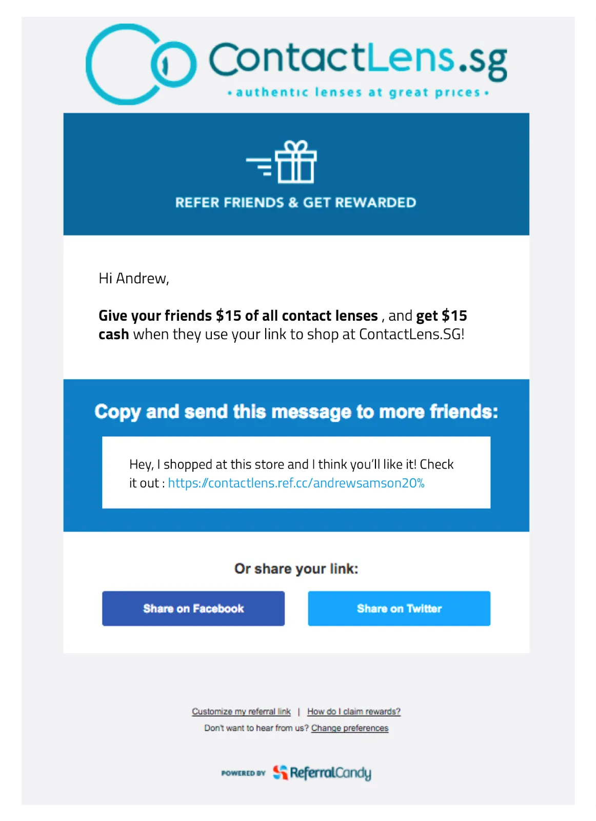 Refferral email example from Contact Lens Online