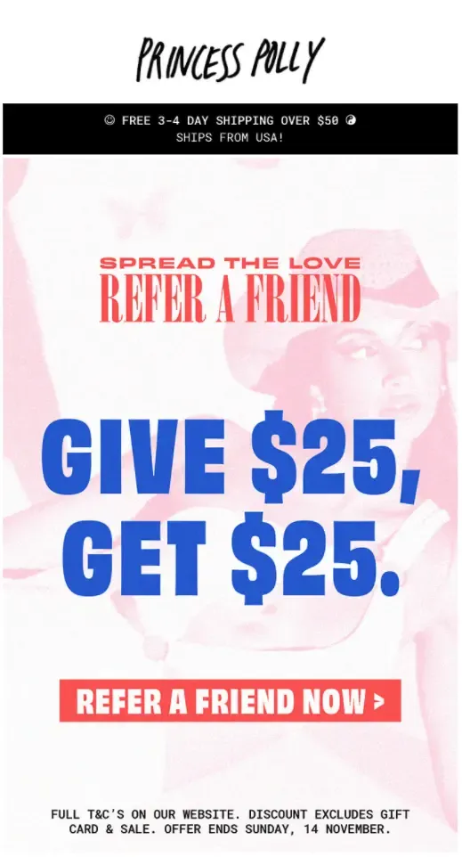 Refferral email example from Princess Polly