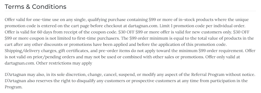 D'Artagnan terms and conditions for a referral program