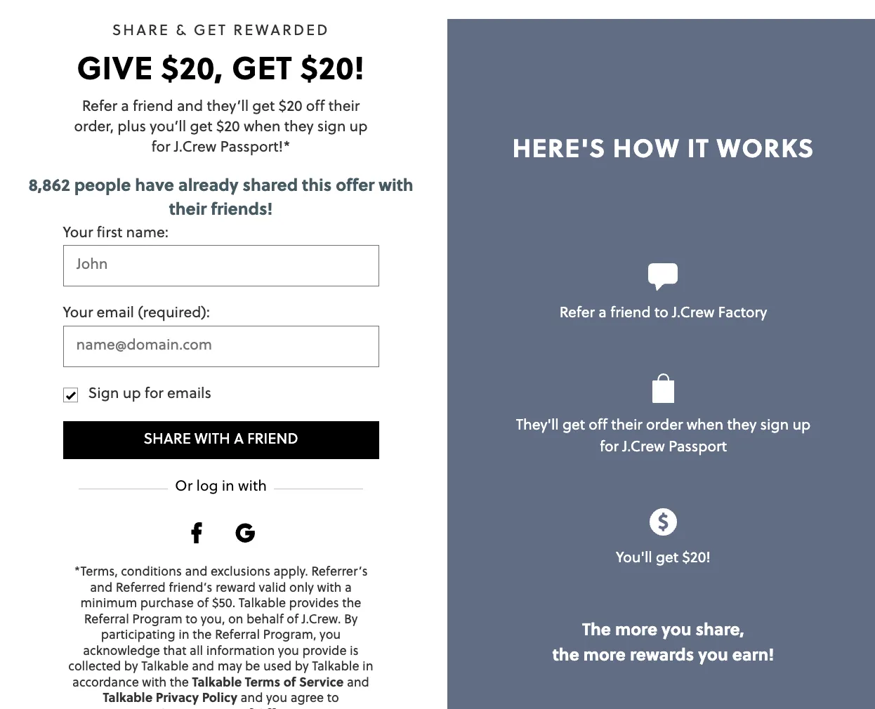 J.Crew Factory give $20, get $20 program