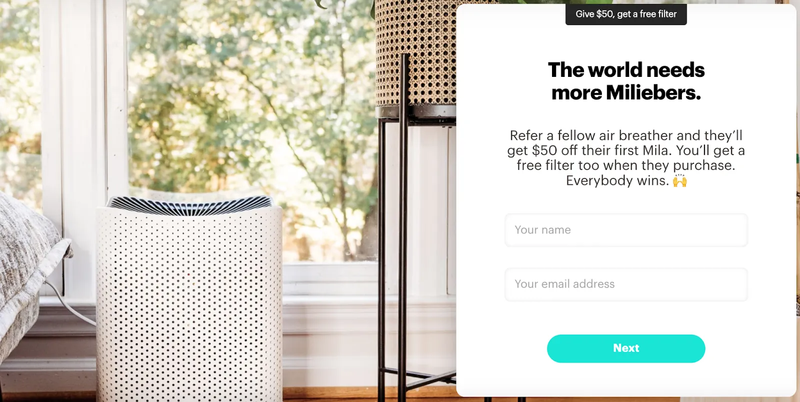 Mila Cares referral program landing page