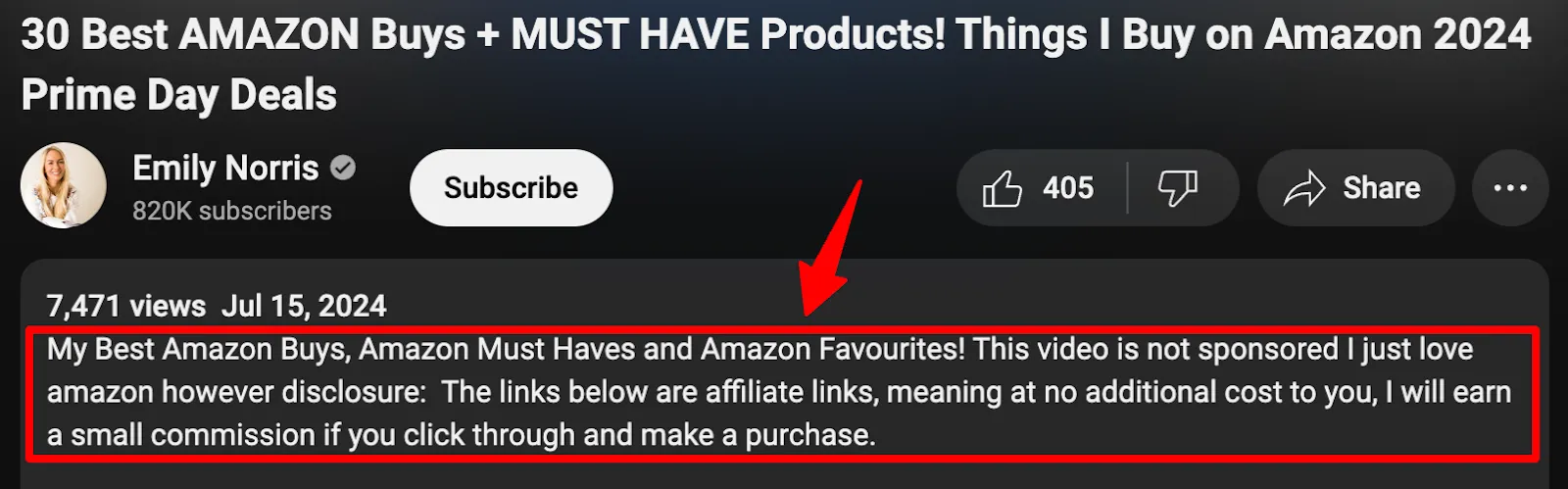 Affiliate disclosure example on YouTube