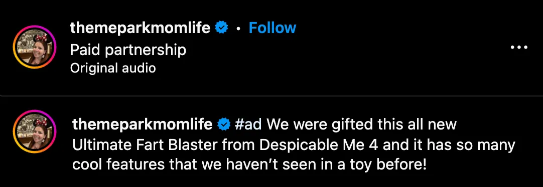 Affiliate disclosure example from Instagram