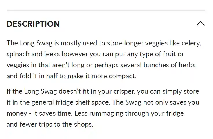 Swag food storage product description example