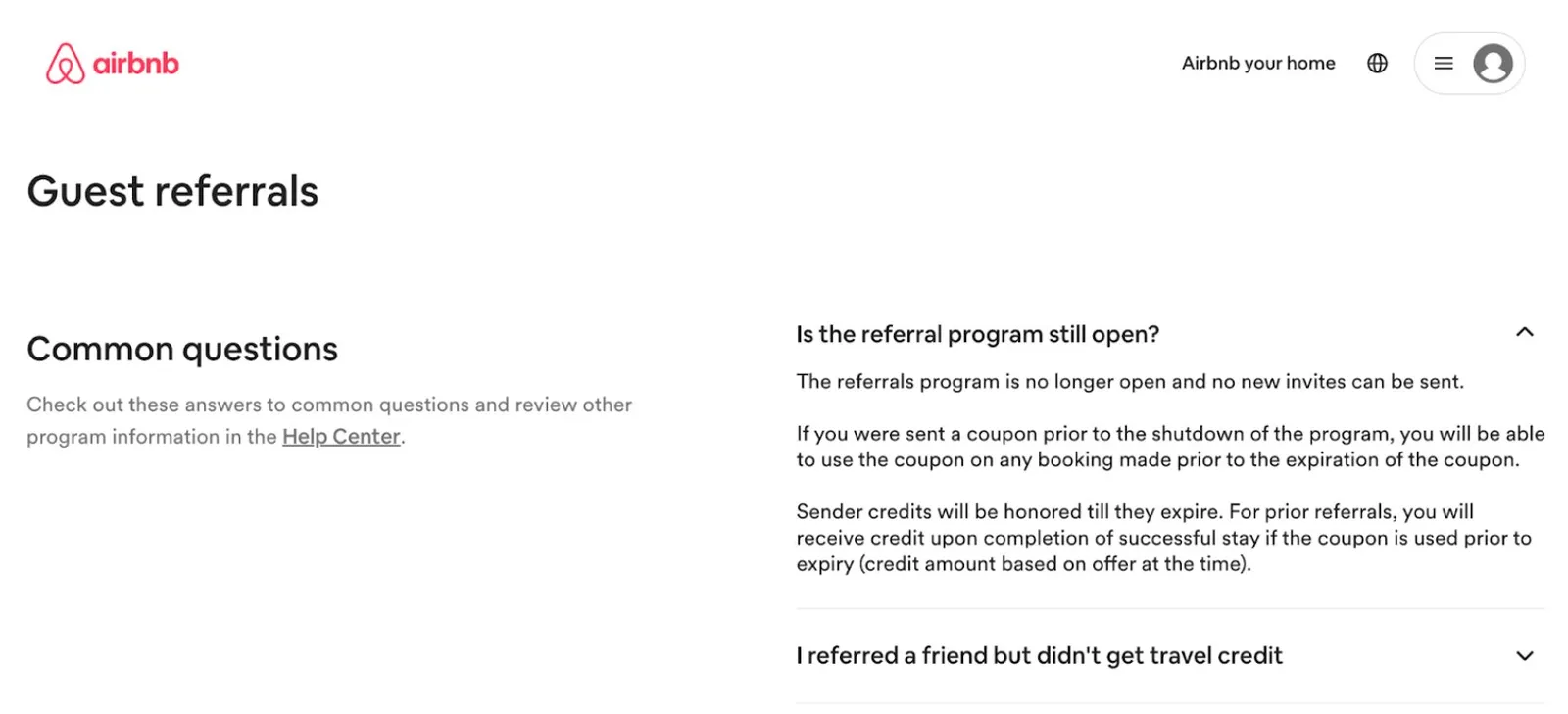 Airbnb guest referrals page