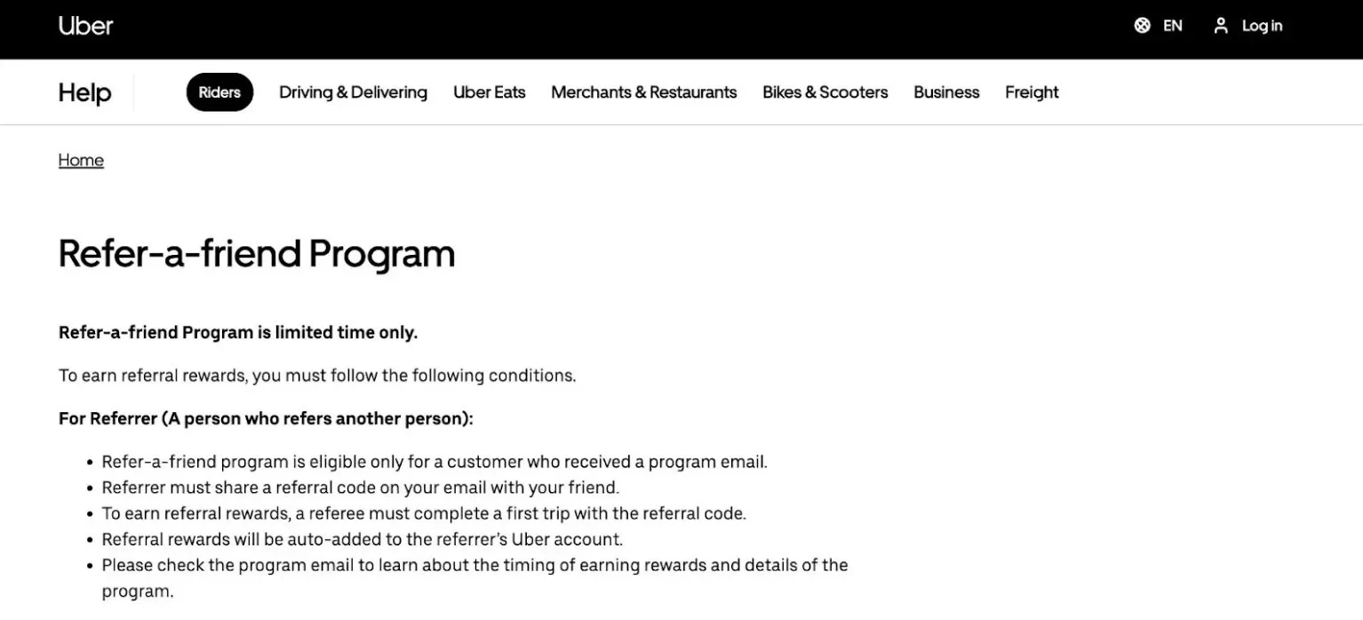 a Screenshot of Uber's refer a friend program
