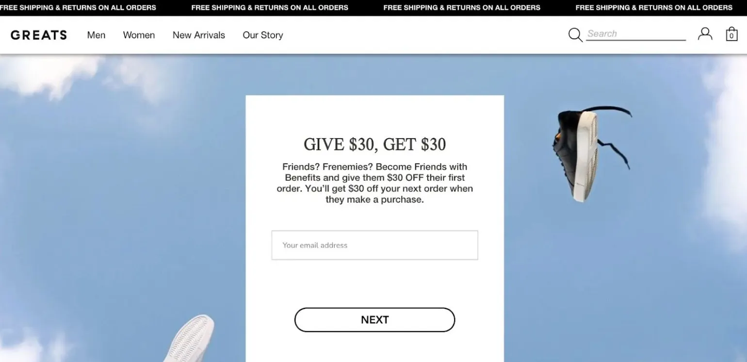 Greats Give 30, Get 30 refer a friend page