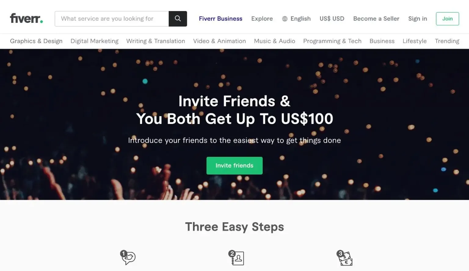 A screenshot of Fiverr's invite friends page