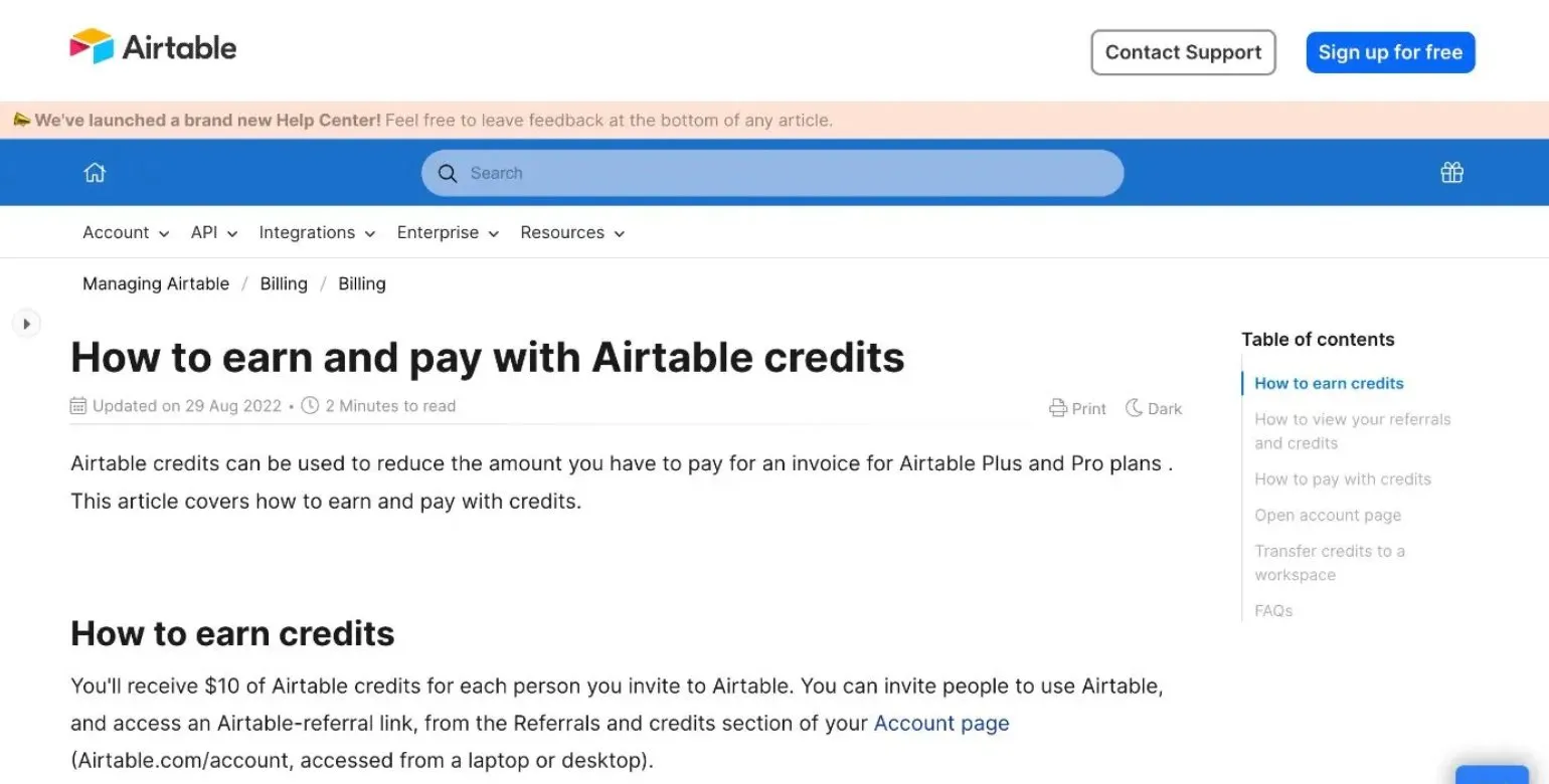 Airtable referral program page