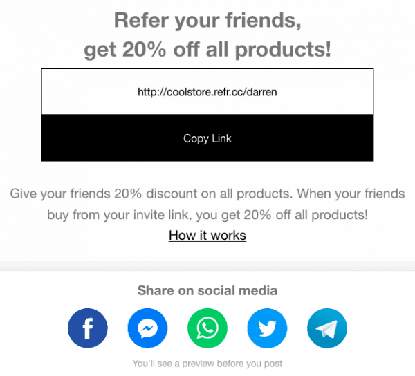 referralcandy preview friend landing page referral link with sharing buttons
