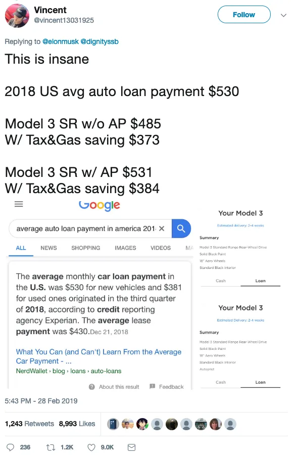tesla model 3 cheaper than average auto loan payment