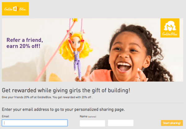 GoldieBlox Referral Program portal ReferralCandy