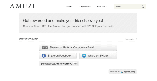 Amuze referral program page ReferralCandy