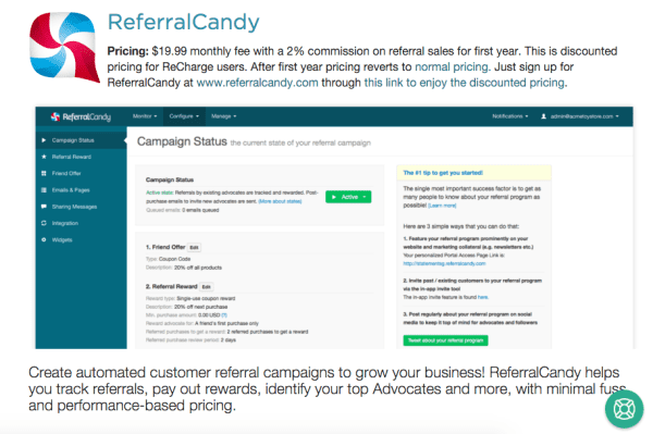 ReferralCandy ReCharge Integration : set up via the add-on dashboard