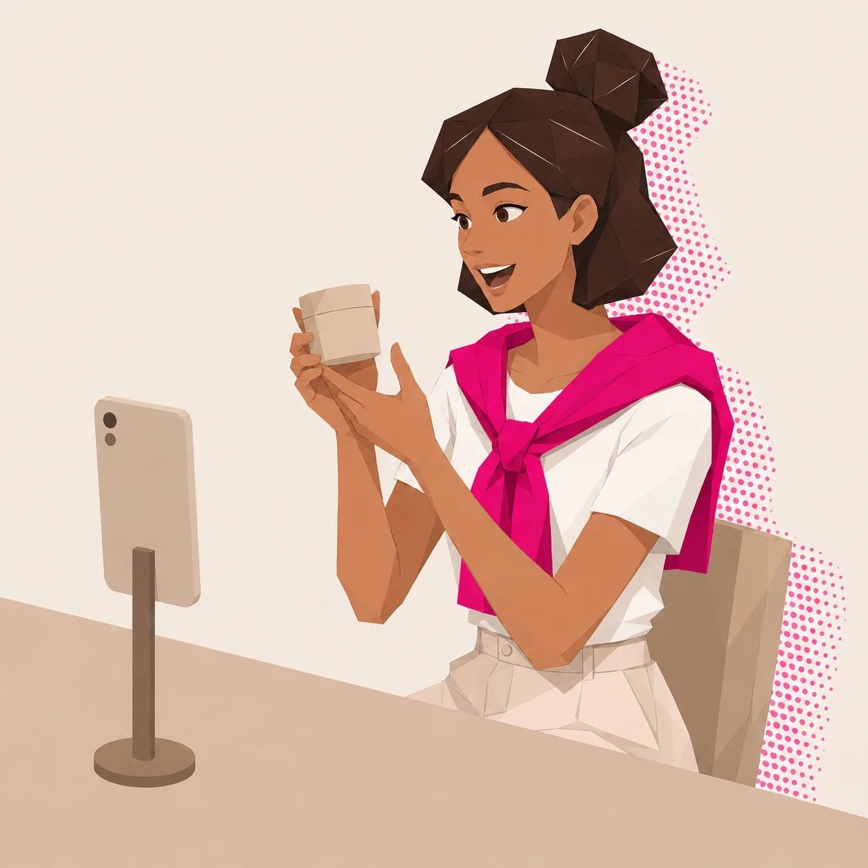 Illustrated creator holding a product jar up to a phone on a tripod while filming a review for her audience